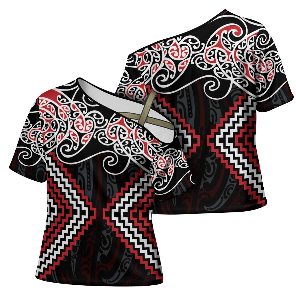 Red Aotearoa Tukutuku Manawa Tapu Cross Shoulder Shirt Ta Moko Toi Maori - Aussie Hoodie