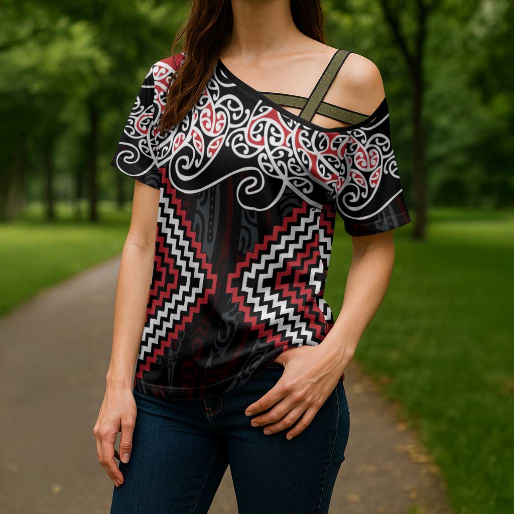 Red Aotearoa Tukutuku Manawa Tapu Cross Shoulder Shirt Ta Moko Toi Maori - Aussie Hoodie