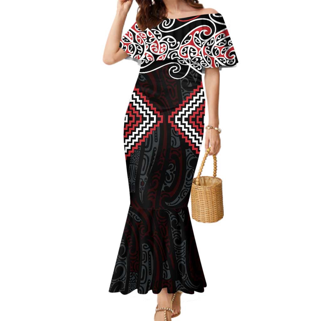 Red Aotearoa Tukutuku Manawa Tapu Family Matching Mermaid Dress and Hawaiian Shirt Ta Moko Toi Maori