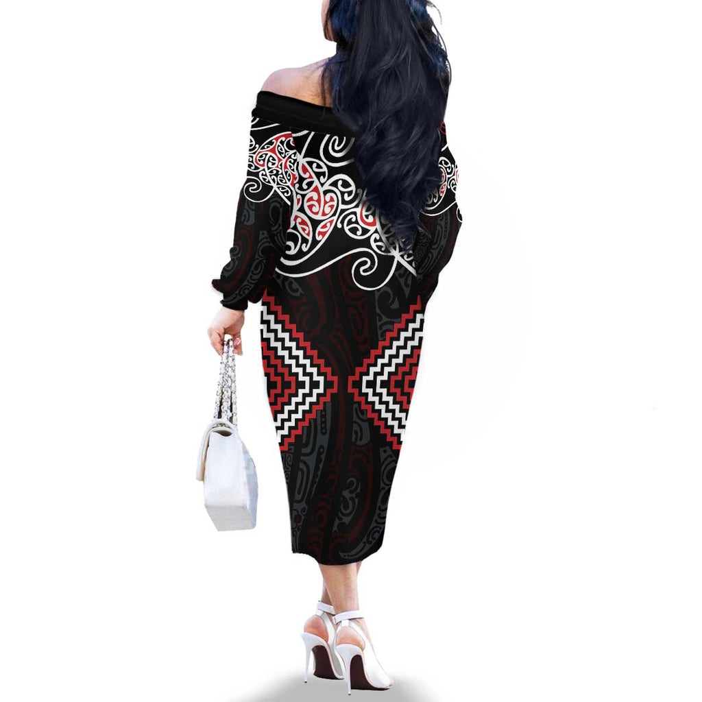 Red Aotearoa Tukutuku Manawa Tapu Family Matching Off The Shoulder Long Sleeve Dress and Hawaiian Shirt Ta Moko Toi Maori