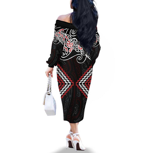Red Aotearoa Tukutuku Manawa Tapu Family Matching Off The Shoulder Long Sleeve Dress and Hawaiian Shirt Ta Moko Toi Maori