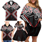 Red Aotearoa Tukutuku Manawa Tapu Family Matching Off Shoulder Short Dress and Hawaiian Shirt Ta Moko Toi Maori