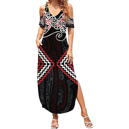Red Aotearoa Tukutuku Manawa Tapu Family Matching Summer Maxi Dress and Hawaiian Shirt Ta Moko Toi Maori