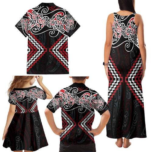 Red Aotearoa Tukutuku Manawa Tapu Family Matching Tank Maxi Dress and Hawaiian Shirt Ta Moko Toi Maori