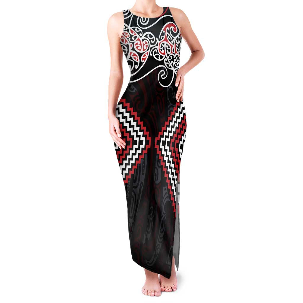 Red Aotearoa Tukutuku Manawa Tapu Family Matching Tank Maxi Dress and Hawaiian Shirt Ta Moko Toi Maori