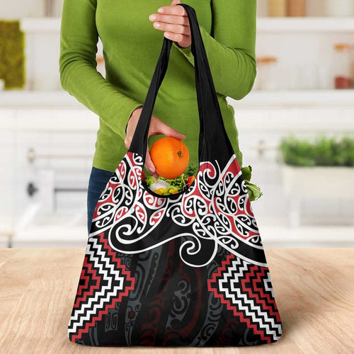 Red Aotearoa Tukutuku Manawa Tapu Grocery Bag Ta Moko Toi Maori