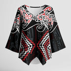 Red Aotearoa Tukutuku Manawa Tapu Kimono Sleeve Blouse Ta Moko Toi Maori - Aussie Hoodie