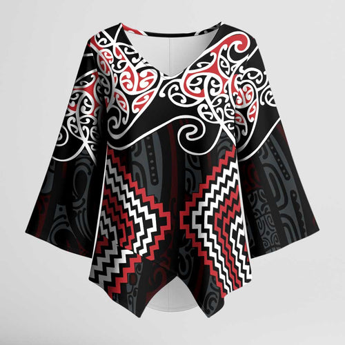 Red Aotearoa Tukutuku Manawa Tapu Kimono Sleeve Blouse Ta Moko Toi Maori - Aussie Hoodie