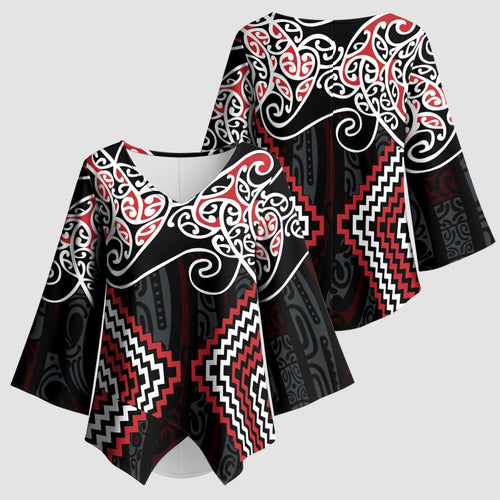 Red Aotearoa Tukutuku Manawa Tapu Kimono Sleeve Blouse Ta Moko Toi Maori - Aussie Hoodie
