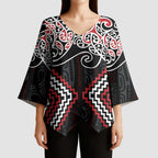 Red Aotearoa Tukutuku Manawa Tapu Kimono Sleeve Blouse Ta Moko Toi Maori - Aussie Hoodie