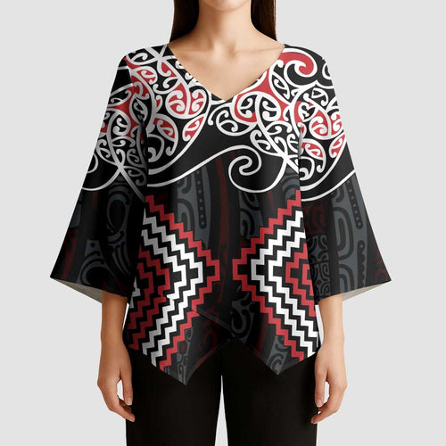 Red Aotearoa Tukutuku Manawa Tapu Kimono Sleeve Blouse Ta Moko Toi Maori - Aussie Hoodie