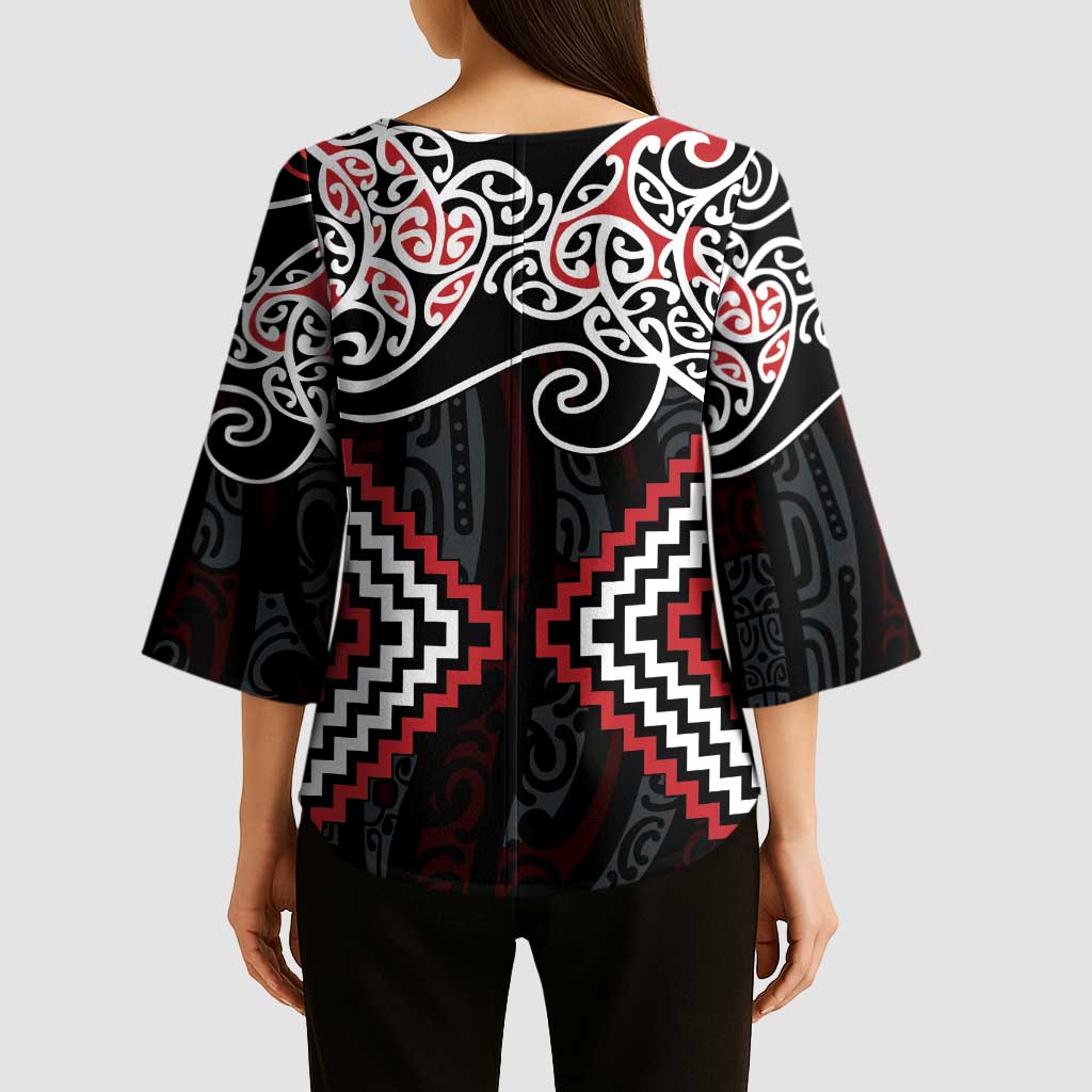 Red Aotearoa Tukutuku Manawa Tapu Kimono Sleeve Blouse Ta Moko Toi Maori - Aussie Hoodie