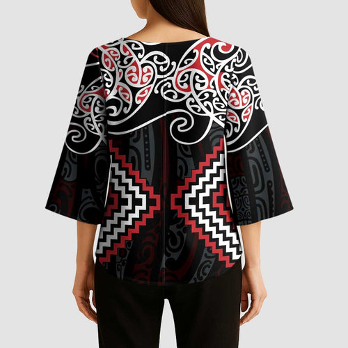 Red Aotearoa Tukutuku Manawa Tapu Kimono Sleeve Blouse Ta Moko Toi Maori - Aussie Hoodie