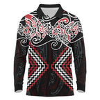 Red Aotearoa Tukutuku Manawa Tapu Long Sleeve Polo Shirt Ta Moko Toi Maori