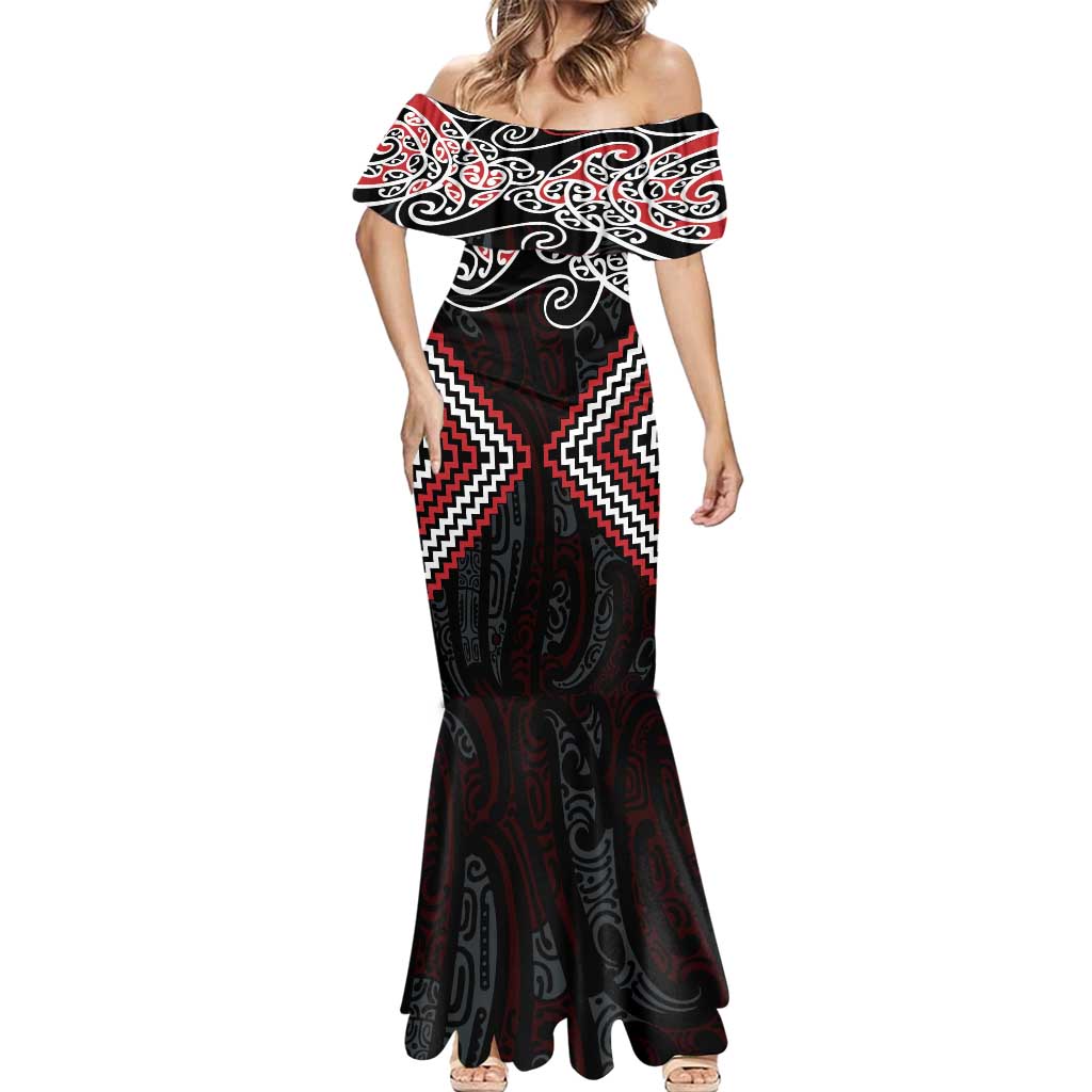 Red Aotearoa Tukutuku Manawa Tapu Mermaid Dress Ta Moko Toi Maori