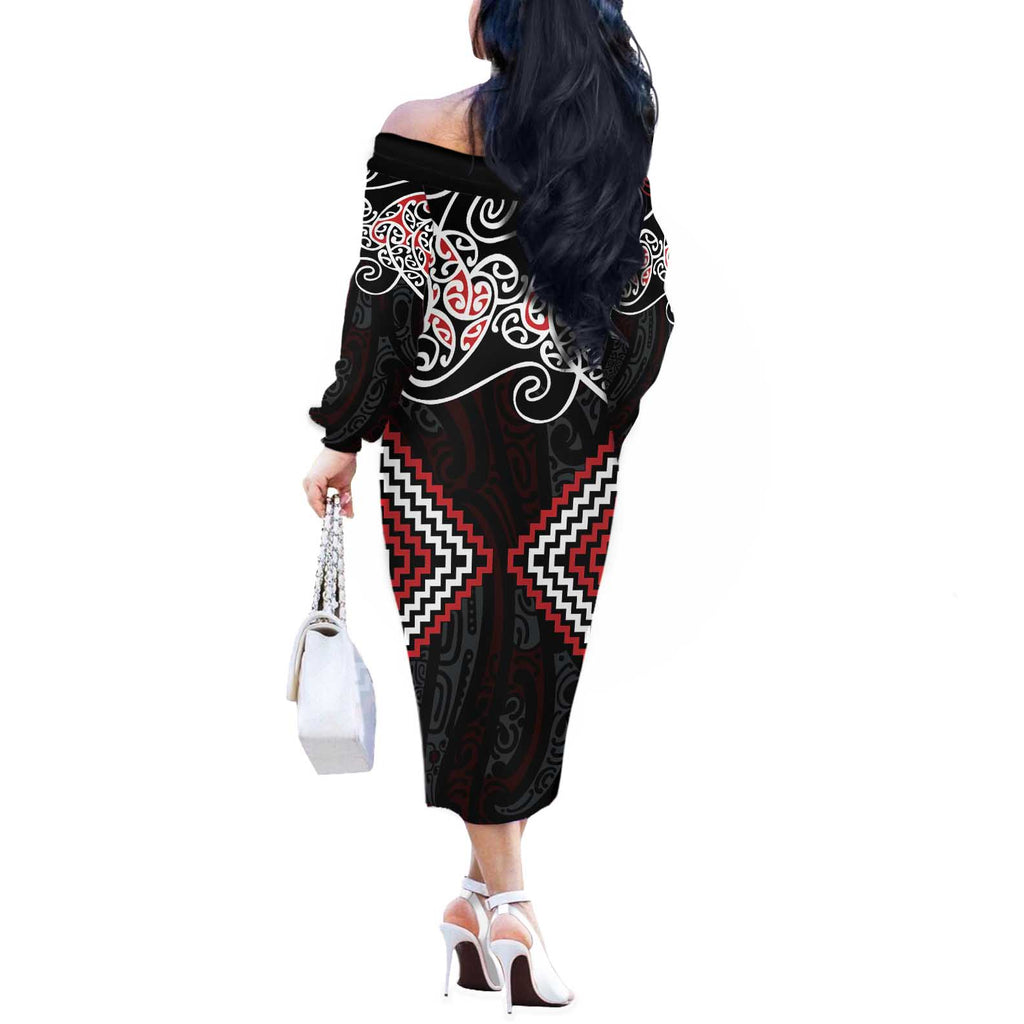 Red Aotearoa Tukutuku Manawa Tapu Off The Shoulder Long Sleeve Dress Ta Moko Toi Maori