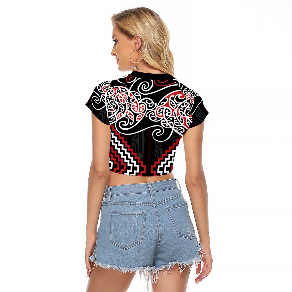 Red Aotearoa Tukutuku Manawa Tapu Raglan Cropped T Shirt Ta Moko Toi Maori