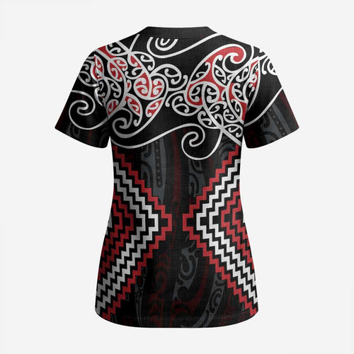 Red Aotearoa Tukutuku Manawa Tapu Scrub Top Ta Moko Toi Maori - Aussie Hoodie
