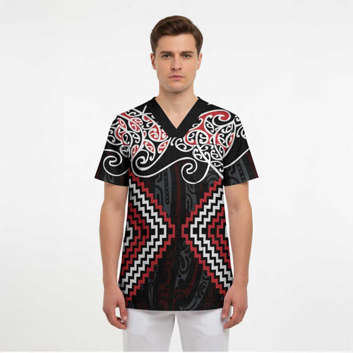 Red Aotearoa Tukutuku Manawa Tapu Scrub Top Ta Moko Toi Maori - Aussie Hoodie