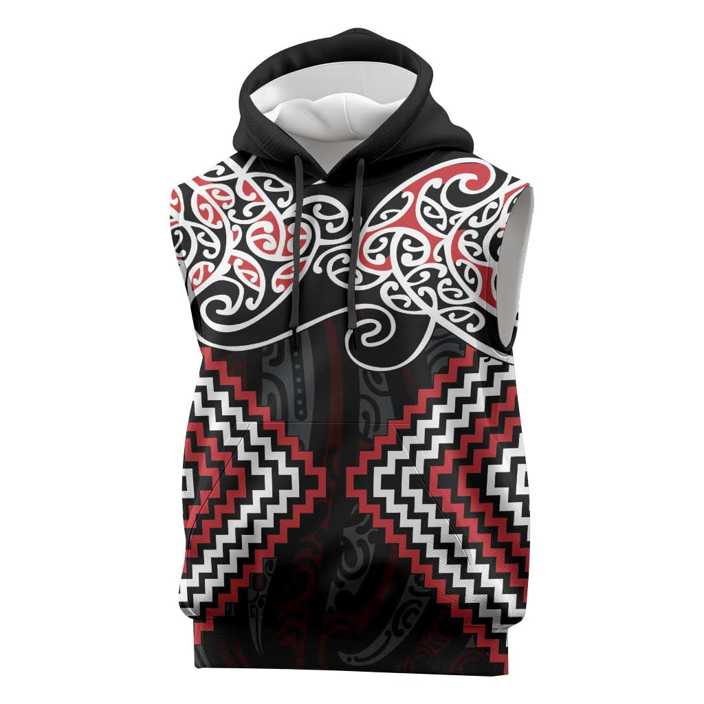Red Aotearoa Tukutuku Manawa Tapu Sleeveless Hoodie Ta Moko Toi Maori - Aussie Hoodie