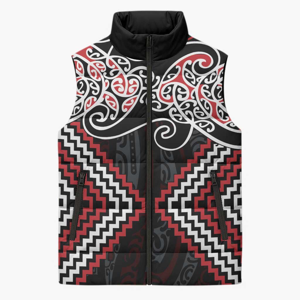 Red Aotearoa Tukutuku Manawa Tapu Sleeveless Puffer Jacket Ta Moko Toi Maori - Aussie Hoodie