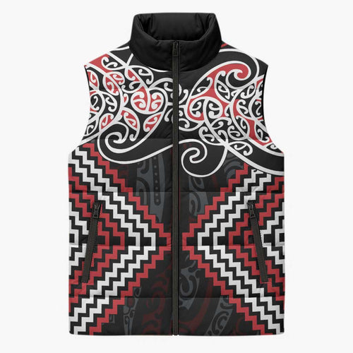 Red Aotearoa Tukutuku Manawa Tapu Sleeveless Puffer Jacket Ta Moko Toi Maori - Aussie Hoodie