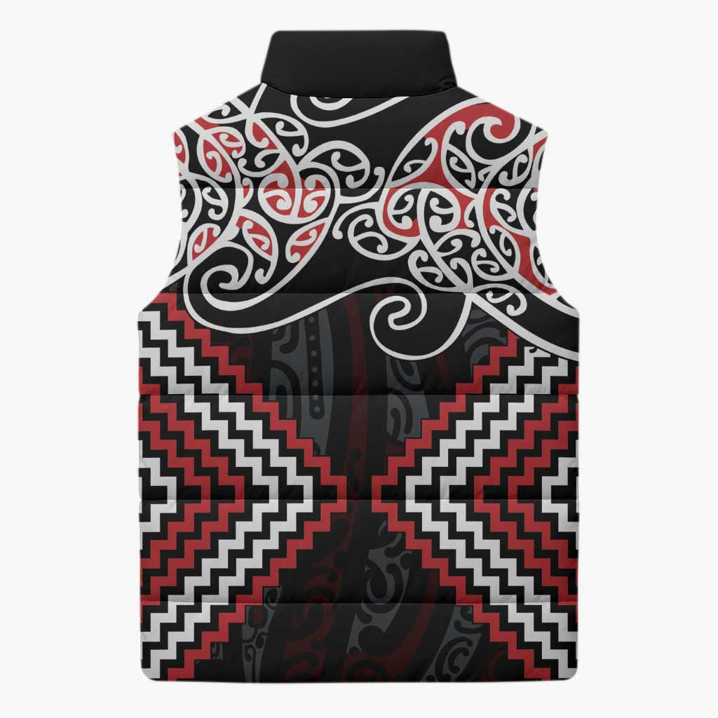 Red Aotearoa Tukutuku Manawa Tapu Sleeveless Puffer Jacket Ta Moko Toi Maori - Aussie Hoodie