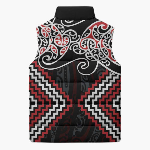 Red Aotearoa Tukutuku Manawa Tapu Sleeveless Puffer Jacket Ta Moko Toi Maori - Aussie Hoodie