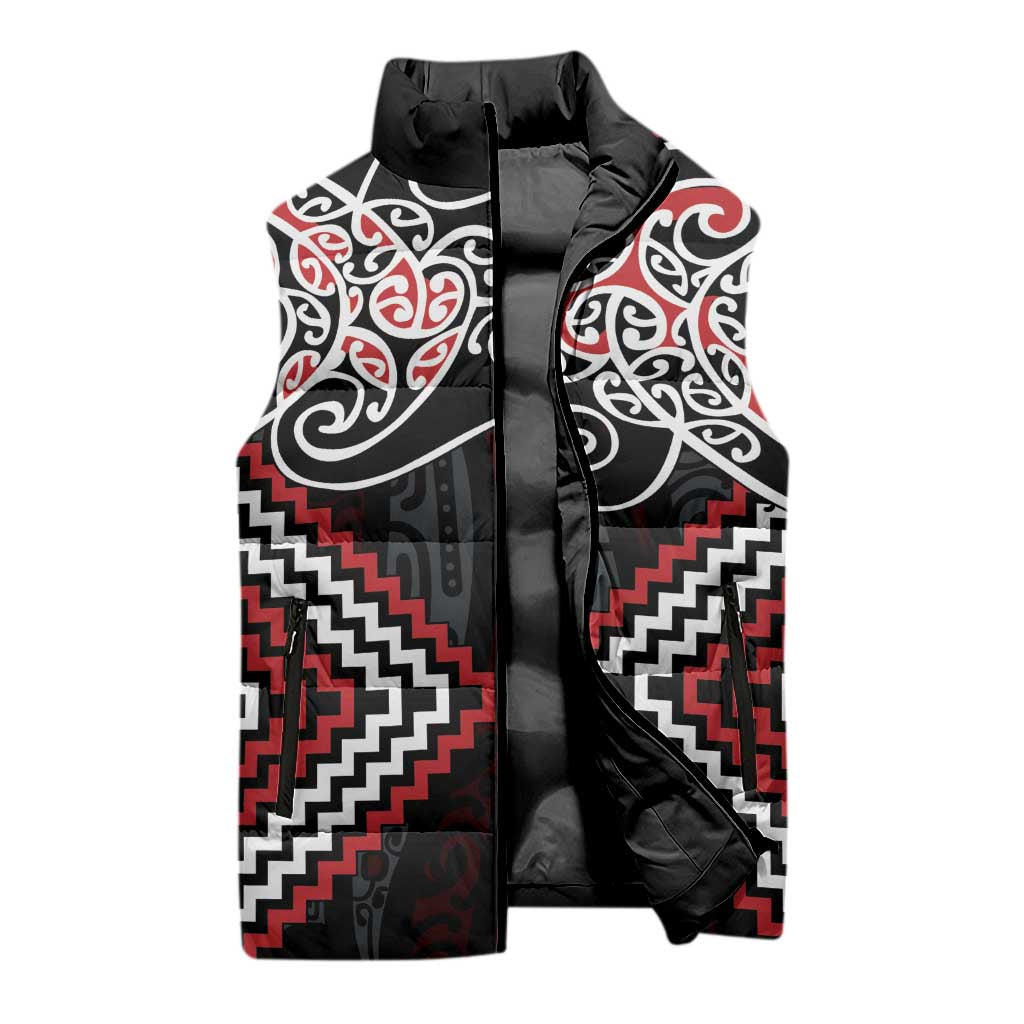 Red Aotearoa Tukutuku Manawa Tapu Sleeveless Puffer Jacket Ta Moko Toi Maori - Aussie Hoodie