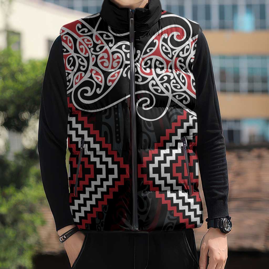 Red Aotearoa Tukutuku Manawa Tapu Sleeveless Puffer Jacket Ta Moko Toi Maori - Aussie Hoodie