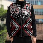 Red Aotearoa Tukutuku Manawa Tapu Sleeveless Puffer Jacket Ta Moko Toi Maori - Aussie Hoodie