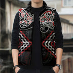 Red Aotearoa Tukutuku Manawa Tapu Sleeveless Puffer Jacket Ta Moko Toi Maori - Aussie Hoodie
