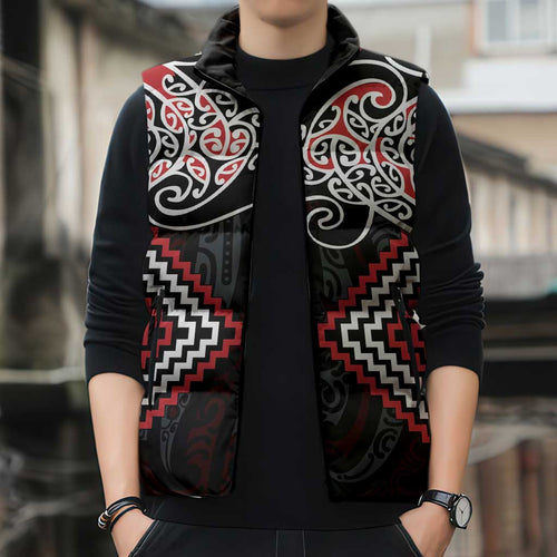 Red Aotearoa Tukutuku Manawa Tapu Sleeveless Puffer Jacket Ta Moko Toi Maori - Aussie Hoodie