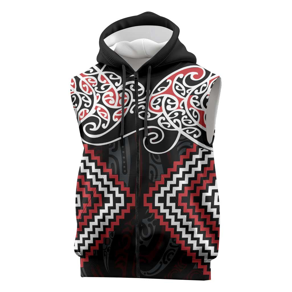 Red Aotearoa Tukutuku Manawa Tapu Sleeveless Zip Hoodie Ta Moko Toi Maori LT9