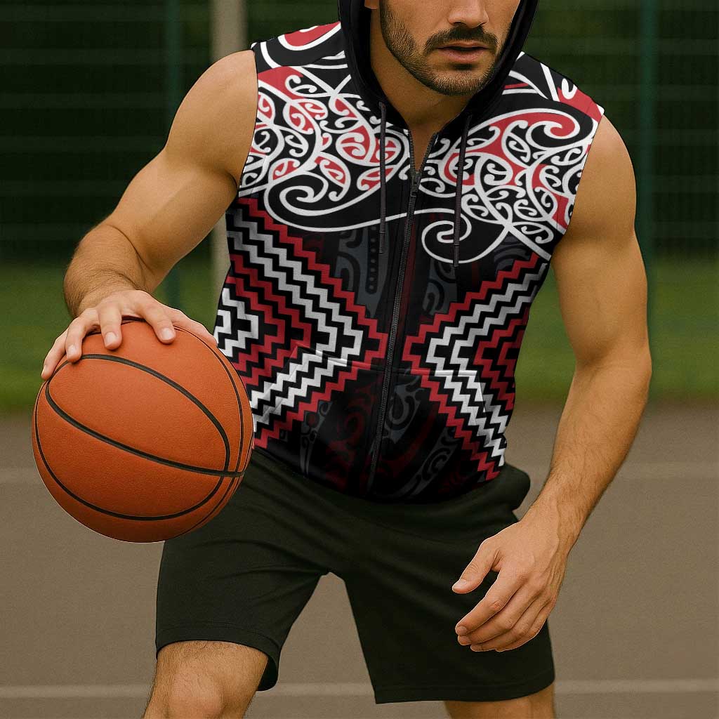 Red Aotearoa Tukutuku Manawa Tapu Sleeveless Zip Hoodie Ta Moko Toi Maori LT9