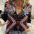 Red Aotearoa Tukutuku Manawa Tapu Women Casual Shirt Ta Moko Toi Maori
