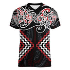 Red Aotearoa Tukutuku Manawa Tapu Women V-Neck T-Shirt Ta Moko Toi Maori