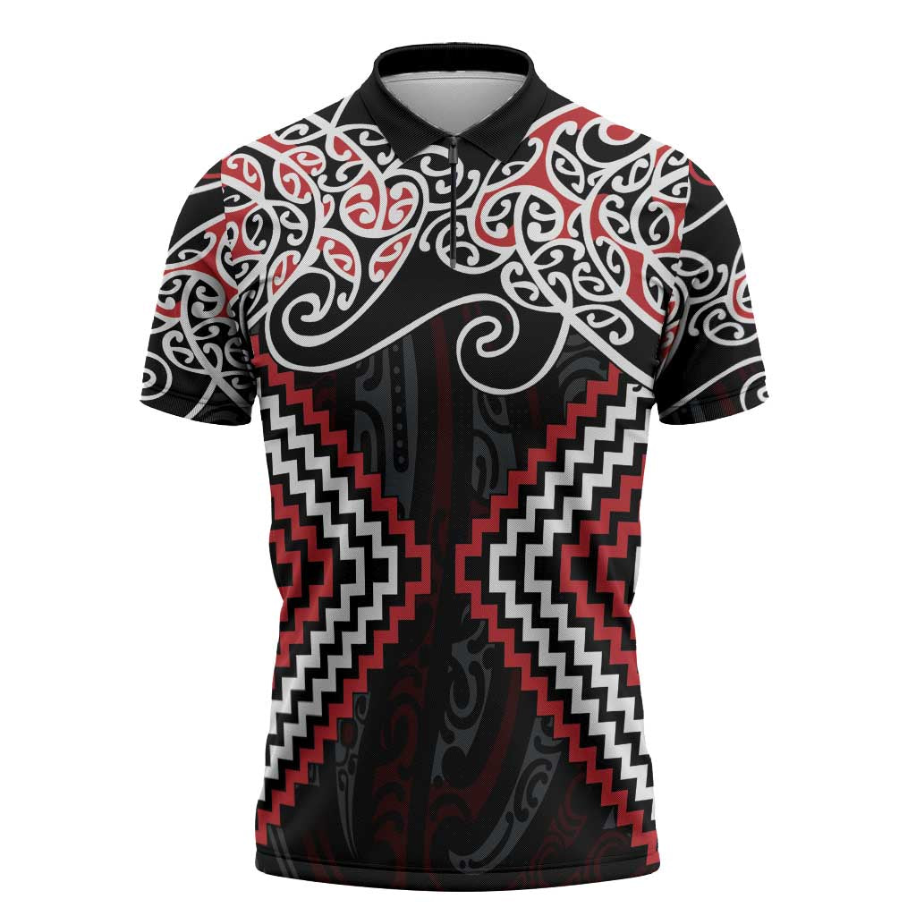 Red Aotearoa Tukutuku Manawa Tapu Zipper Polo Shirt Ta Moko Toi Maori - Aussie Hoodie