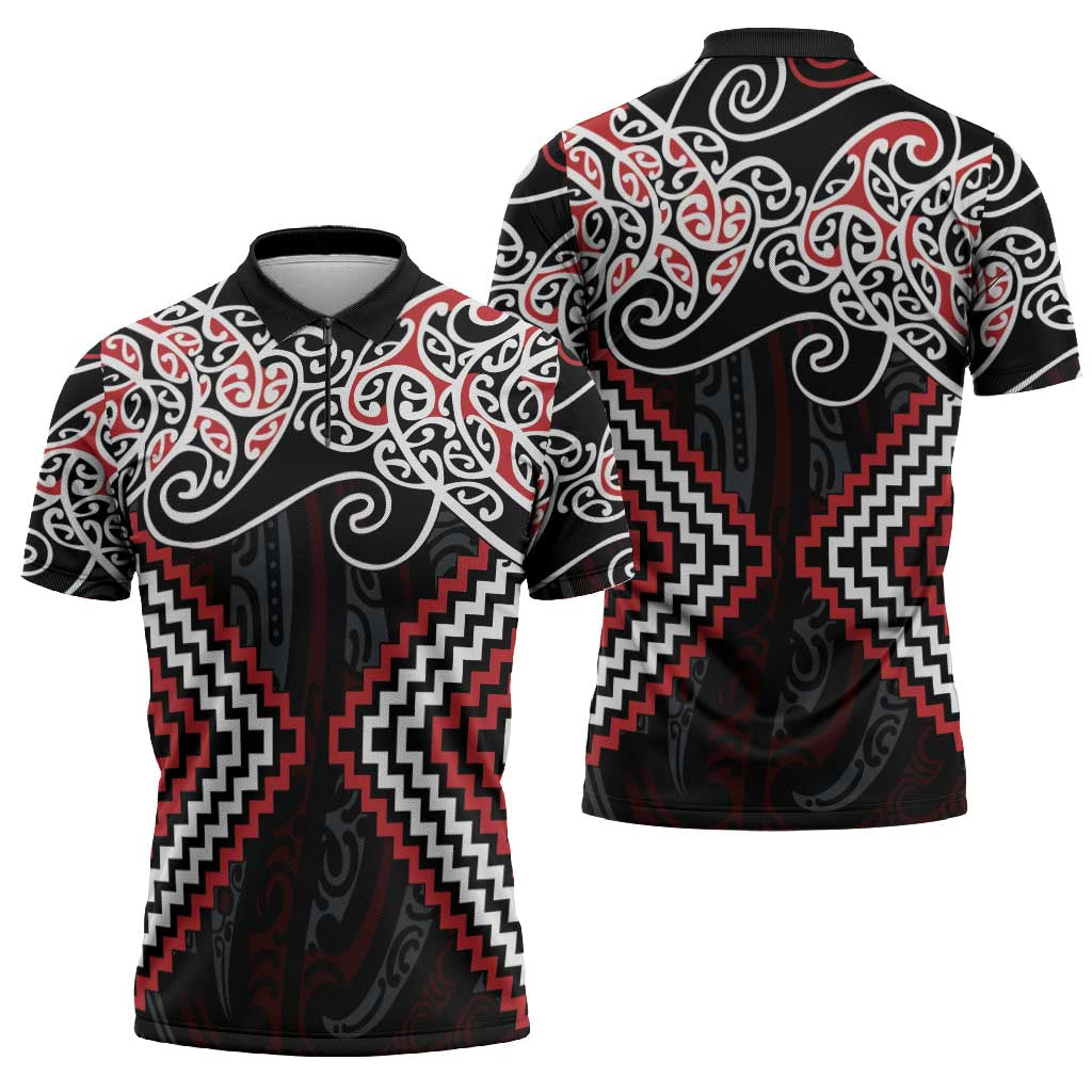 Red Aotearoa Tukutuku Manawa Tapu Zipper Polo Shirt Ta Moko Toi Maori - Aussie Hoodie