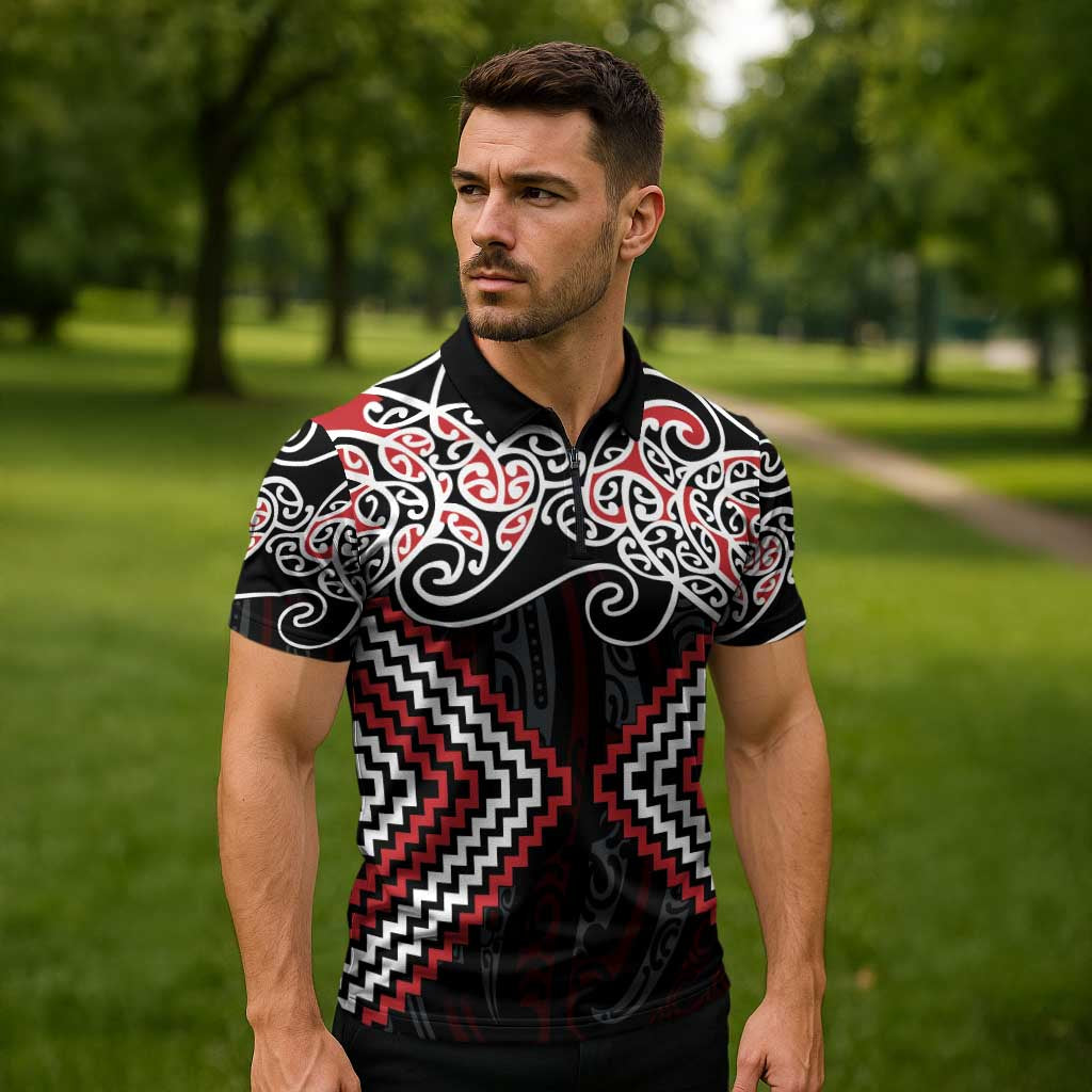 Red Aotearoa Tukutuku Manawa Tapu Zipper Polo Shirt Ta Moko Toi Maori - Aussie Hoodie