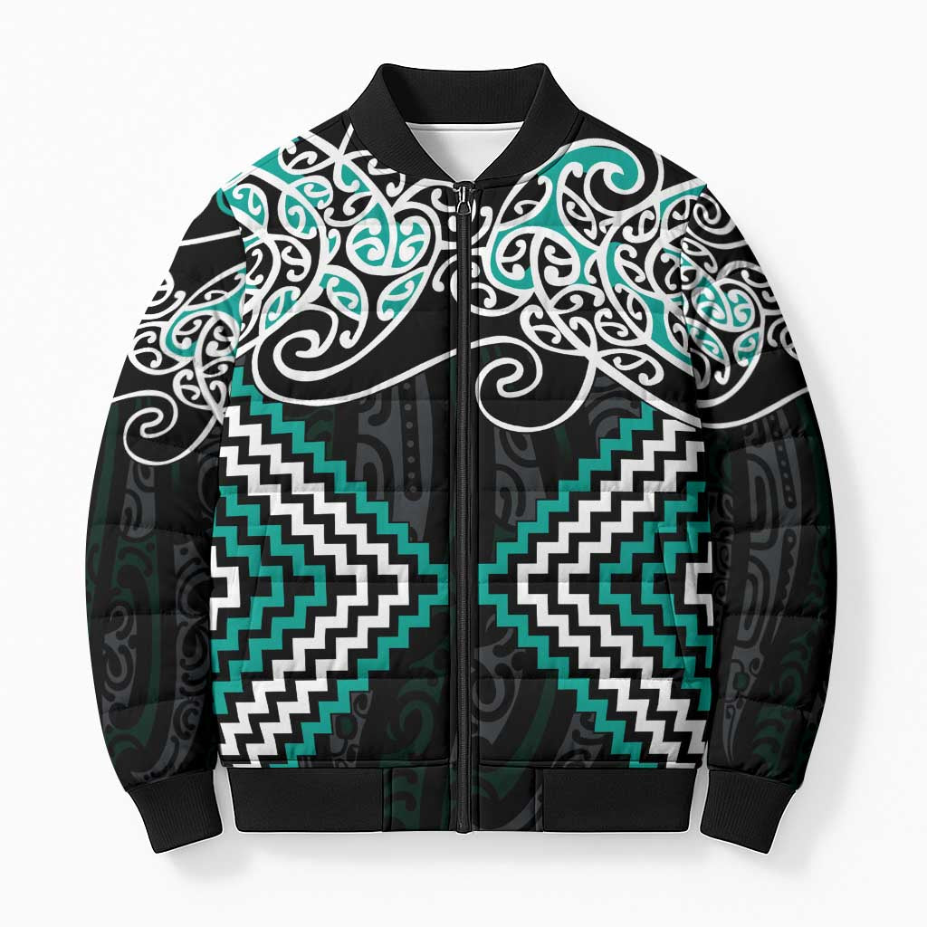 Turquoise Aotearoa Tukutuku Manawa Tapu Bomber Puffer Jacket Ta Moko Toi Maori - Aussie Hoodie