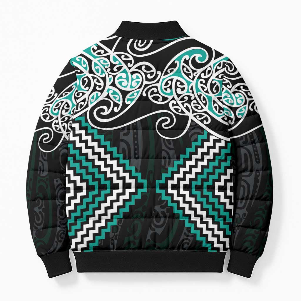 Turquoise Aotearoa Tukutuku Manawa Tapu Bomber Puffer Jacket Ta Moko Toi Maori - Aussie Hoodie