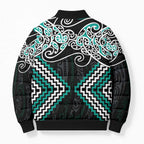 Turquoise Aotearoa Tukutuku Manawa Tapu Bomber Puffer Jacket Ta Moko Toi Maori - Aussie Hoodie