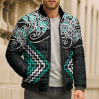 Turquoise Aotearoa Tukutuku Manawa Tapu Bomber Puffer Jacket Ta Moko Toi Maori - Aussie Hoodie