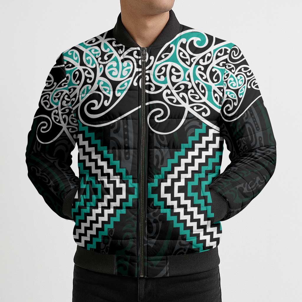 Turquoise Aotearoa Tukutuku Manawa Tapu Bomber Puffer Jacket Ta Moko Toi Maori - Aussie Hoodie