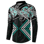Turquoise Aotearoa Tukutuku Manawa Tapu Button Sweatshirt Ta Moko Toi Maori