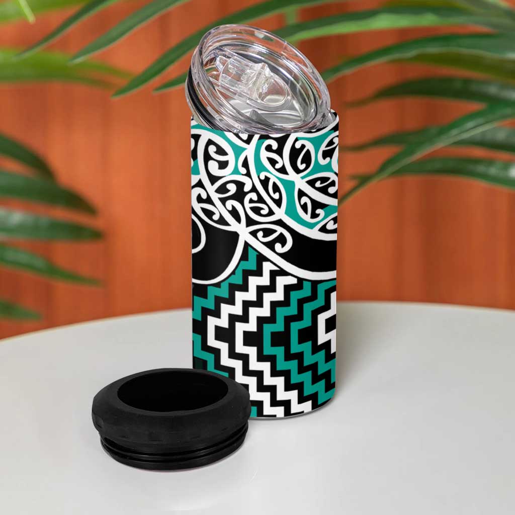 Turquoise Aotearoa Tukutuku Manawa Tapu 4 in 1 Can Cooler Tumbler Ta Moko Toi Maori