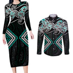Turquoise Aotearoa Tukutuku Manawa Tapu Couples Matching Long Sleeve Bodycon Dress and Long Sleeve Button Shirt Ta Moko Toi Maori