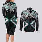 Turquoise Aotearoa Tukutuku Manawa Tapu Couples Matching Long Sleeve Bodycon Dress and Long Sleeve Button Shirt Ta Moko Toi Maori