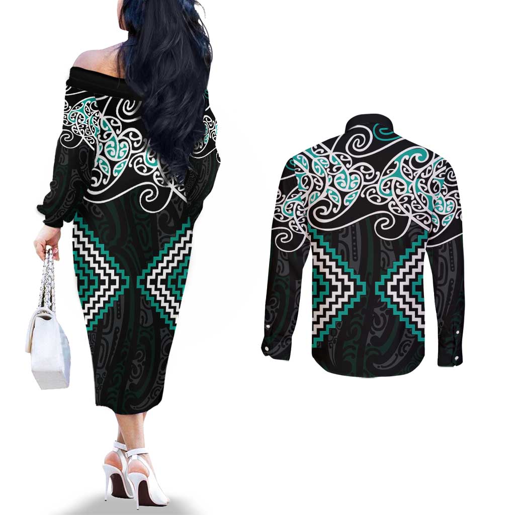 Turquoise Aotearoa Tukutuku Manawa Tapu Couples Matching Off The Shoulder Long Sleeve Dress and Long Sleeve Button Shirt Ta Moko Toi Maori